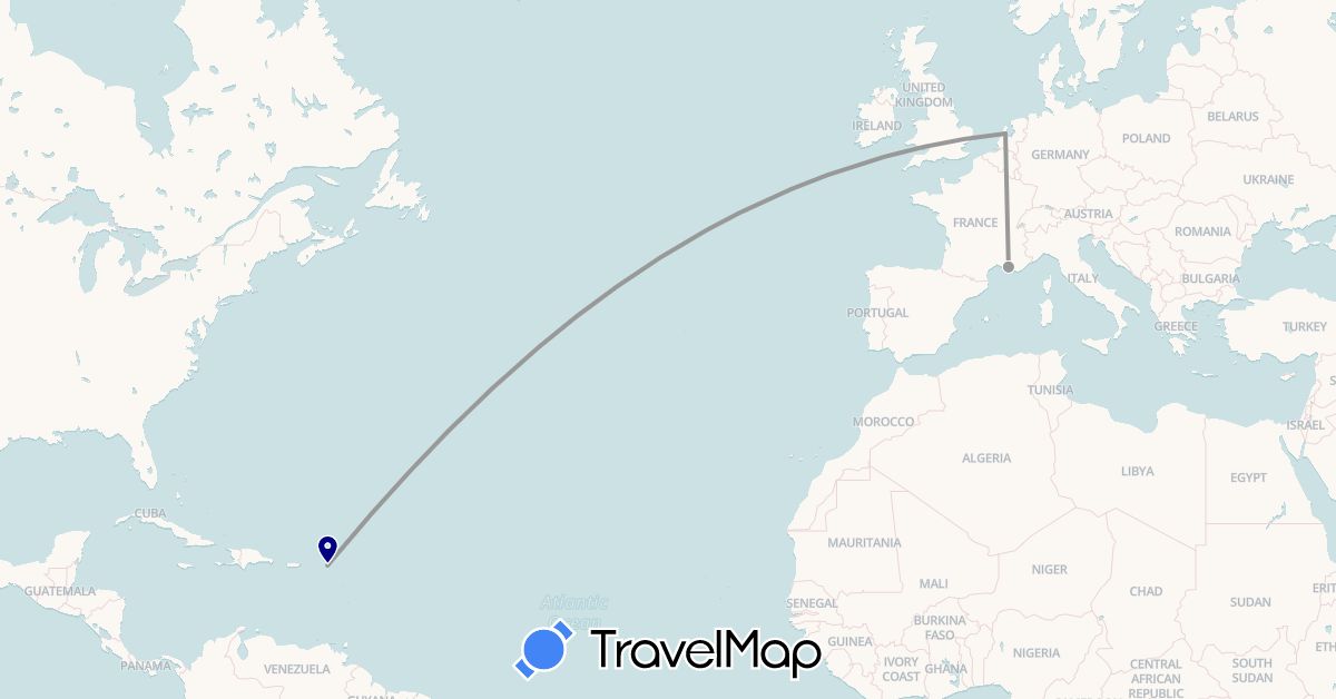 TravelMap itinerary: driving, plane in France, Guadeloupe, Saint Martin, Netherlands (Europe, North America)